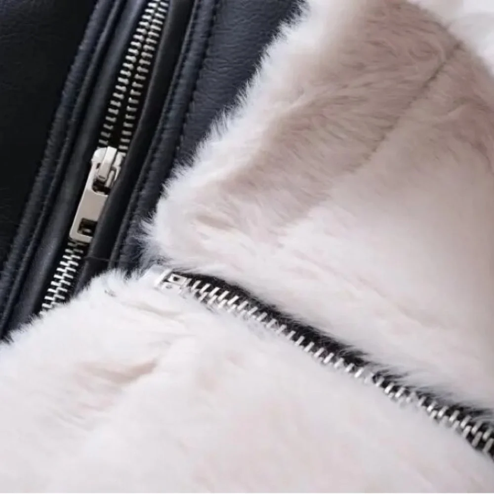 81 moto jacket faux leather faux fur zip up black coat jacket - Picture 9 of 13
